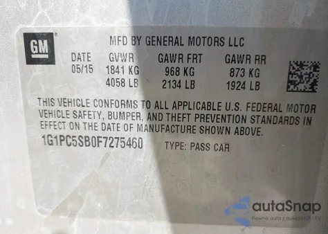 2015 Chevrolet Cruze 1Lt Auto из США, поврежденный, VIN 1G1PC5SB0F7275460